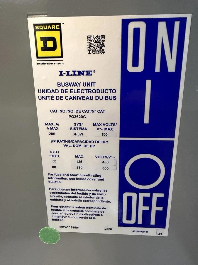 NIB SQUARE D I-LINE FUSIBLE BUSSWAY UNIT PQ3620G 200 AMP 600 VAC 3-POLE 3-WIRE
