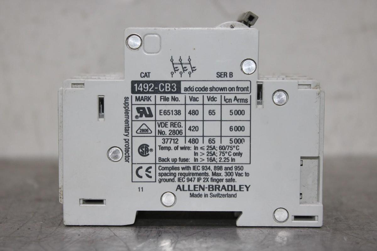 Used ALLEN BRADLEY CIRCUIT BREAKER 1492-CB3 480/277 VAC 10 AMP 3-POLE