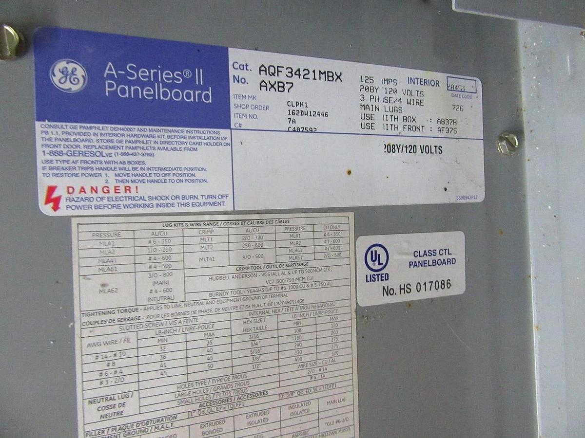 Used 125 AMP GE PANELBOARD PANEL AQF3421MBX / AXB7 208Y/120 VAC MLO 3 PH 4 W THQB