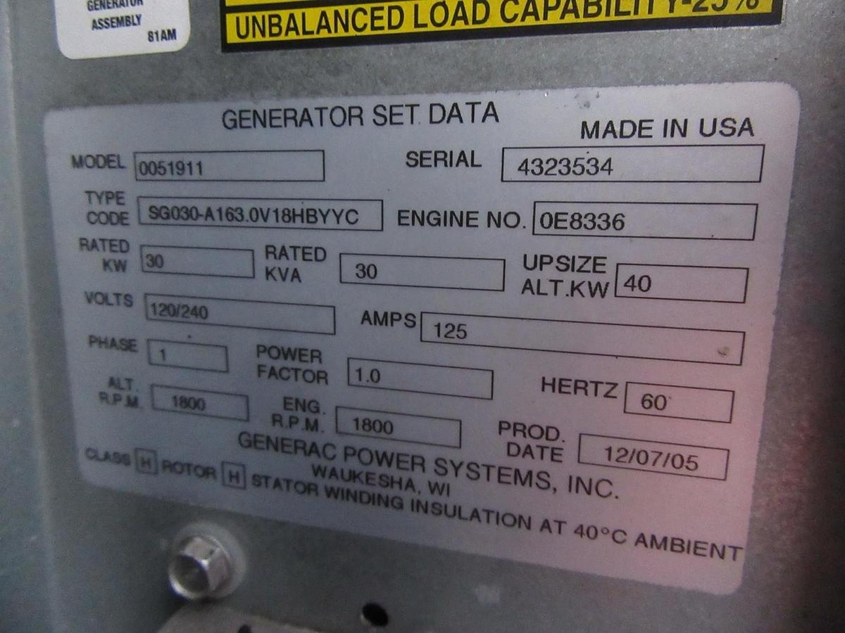 Used 30 KW GENERATOR GENERAC NATURAL GAS LP PROPANE 120/240V 1 PH SG030 66 HRS VIDEO