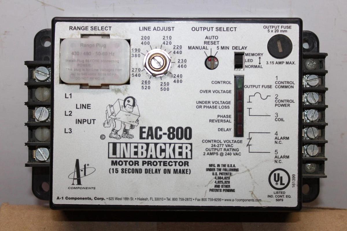 Used A1 COMPONENTS LINEBACKER MOTOR PROTECTOR EAC-800 277 VAC **WARRANTY**