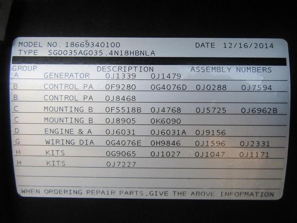 Used 35 KW GENERATOR GENERAC NATURAL GAS LP PROPANE 120/240 V 1 PH 30 KW 40KW 150 HRS