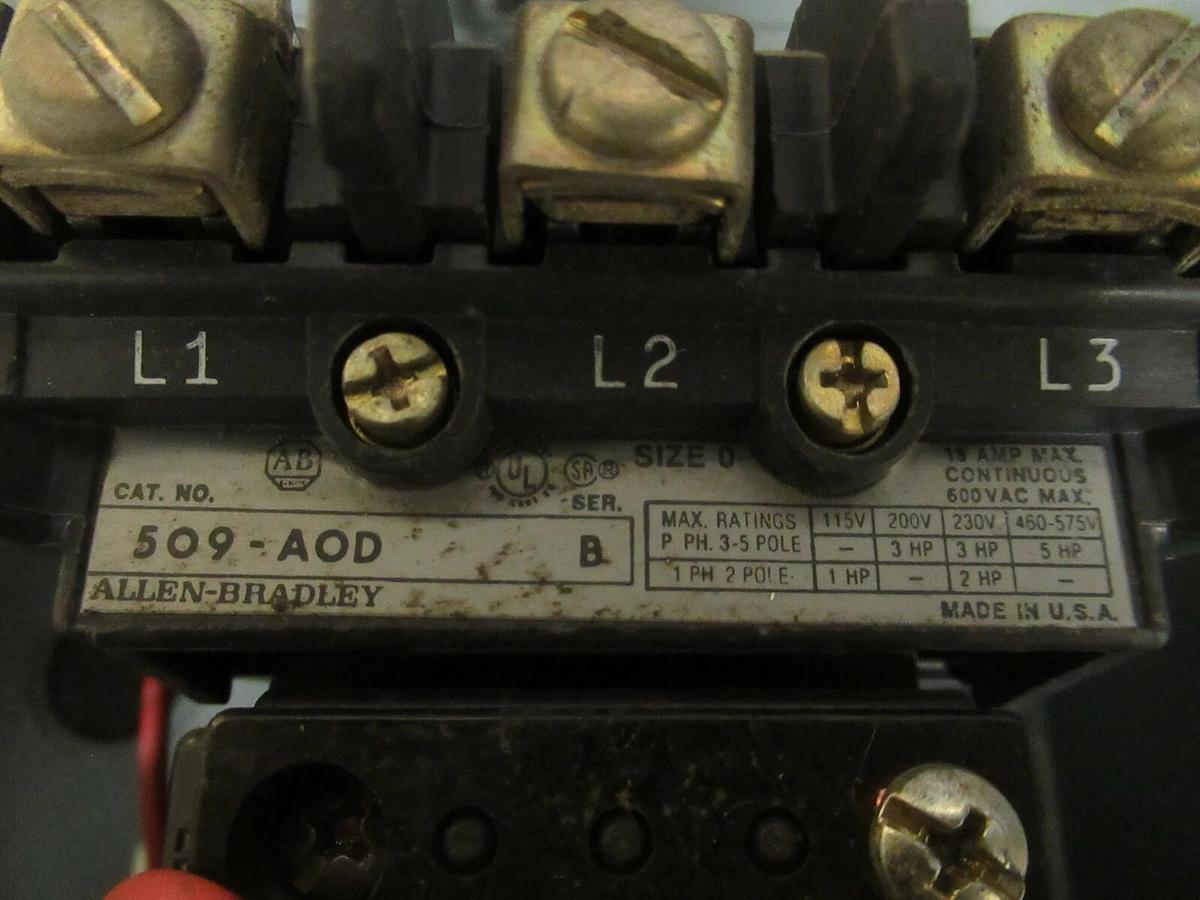 Used ALLEN BRADLEY ENCLOSED STARTER SIZE 0 NEMA TYPE 1 509-AAD SER. B W/ 509-AOD