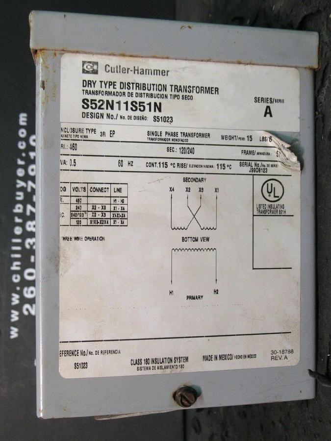 Used 0.5 KVA (1/2) CUTLER HAMMER NEMA 3R TRANSFORMER S52N11S51N 460 VAC 120 / 240 V