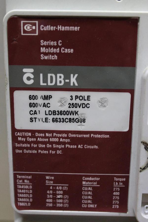 Used CUTLER HAMMER MOLDED CASE SWITCH LDB3600WK 600 AMP 600 VAC 3-POLE