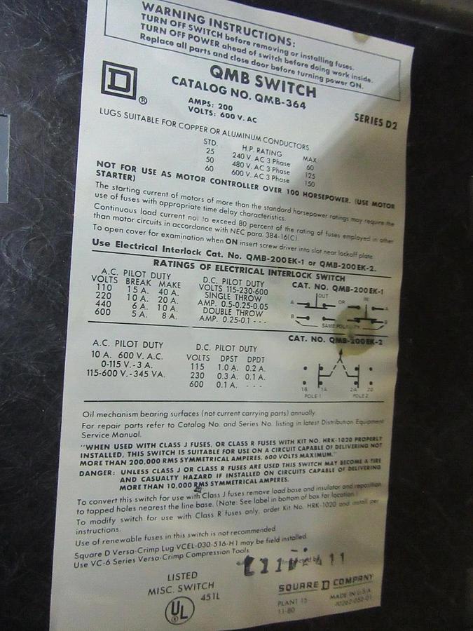 Used SQUARE D QMB PANELBOARD SWITCH QMB-364 200 AMP 600 VOLT 3-POLE 150 HP