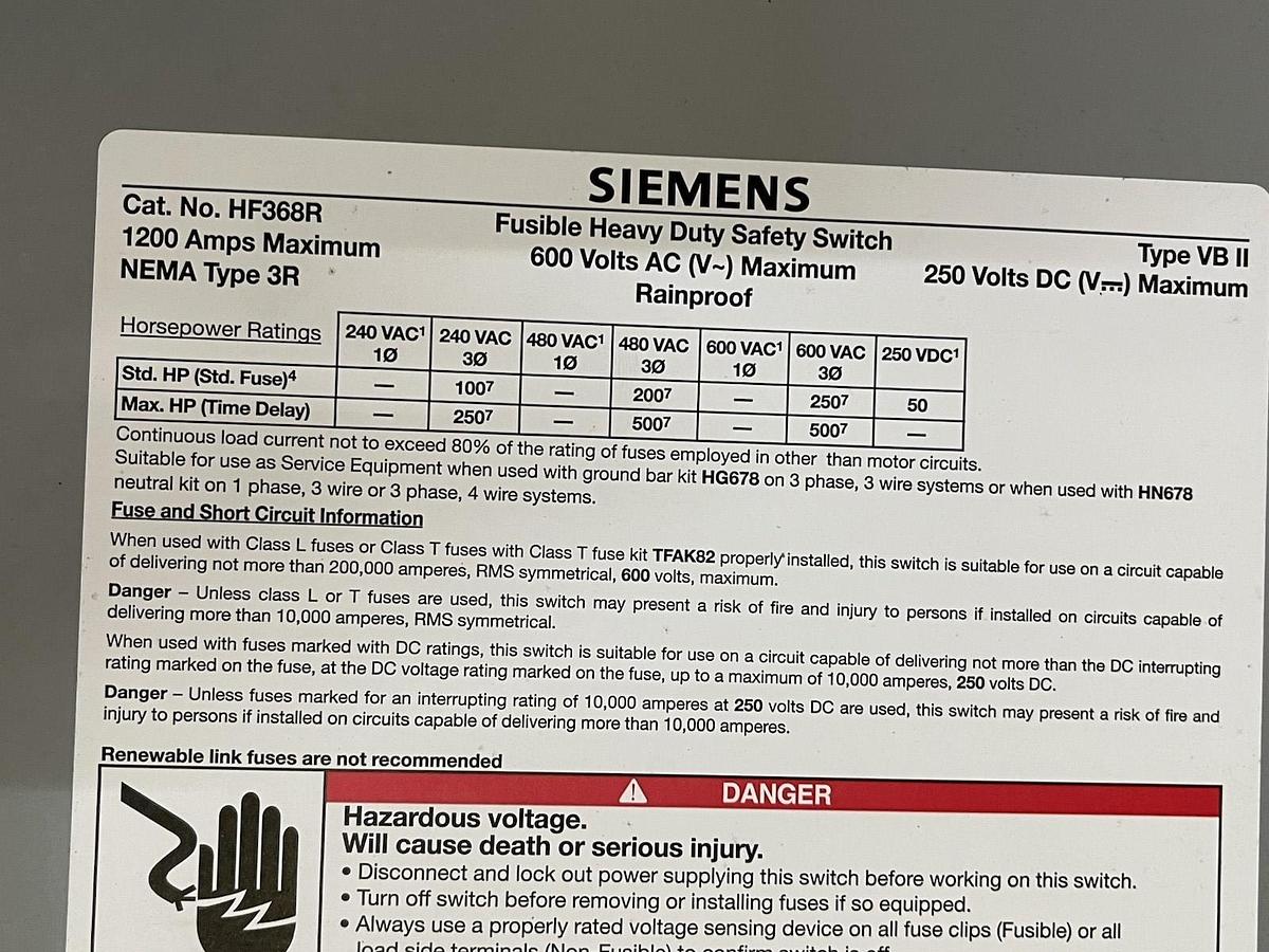 Used SIEMENS FUSIBLE HEAVY DUTY DISCONNECT HF368R 1200 AMP 600 VOLT 3-PHASE NEMA 3R