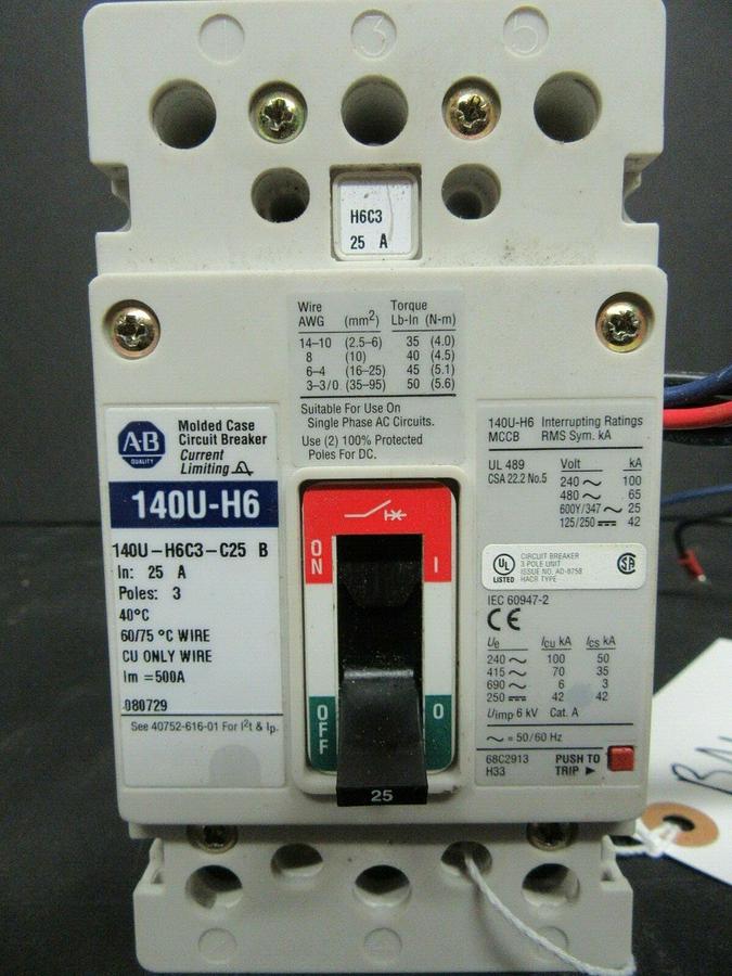 Used 25 AMP ALLEN BRADLEY BREAKER 140U-H6C3-C25 3 POLE 600 VAC **WARRANTY INCLUDED**