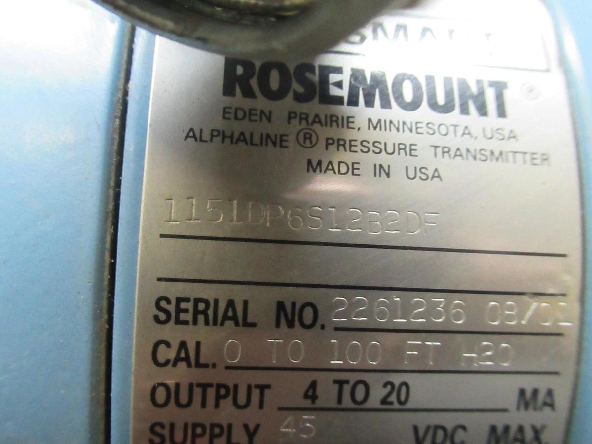 Used ROSEMOUNT ALPHALINE PRESSURE TRANSMITTER 01151DP6S12B2DF W/ SMART TRANSMITTER
