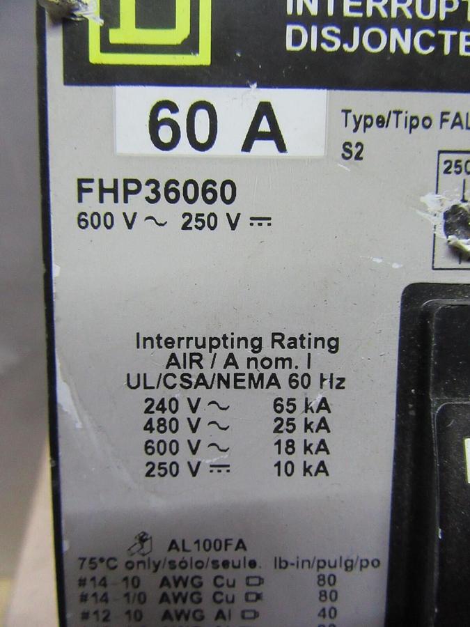 Used SQUARE D CIRCUIT BREAKER FHP36060 60 AMP 600 VAC 3-POLE **WARRANTY INCLUDED**