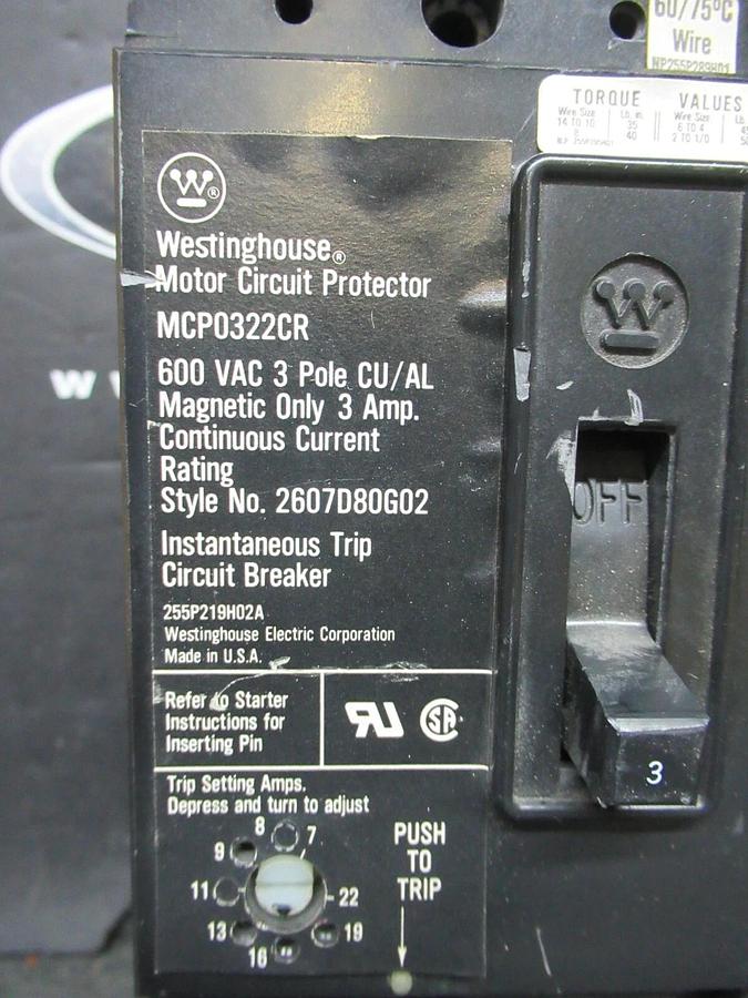 Used WESTINGHOUSE MOTOR CIRCUIT PROTECTOR MCP0322CR 3 AMP 600 VAC 3-POLE