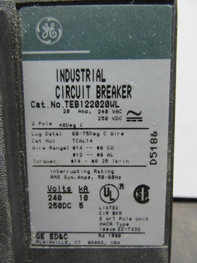 Used GE CIRCUIT BREAKER TEB122020WL 20 AMP 2-POLE 240 VAC **WARRANTY INCLUDED**