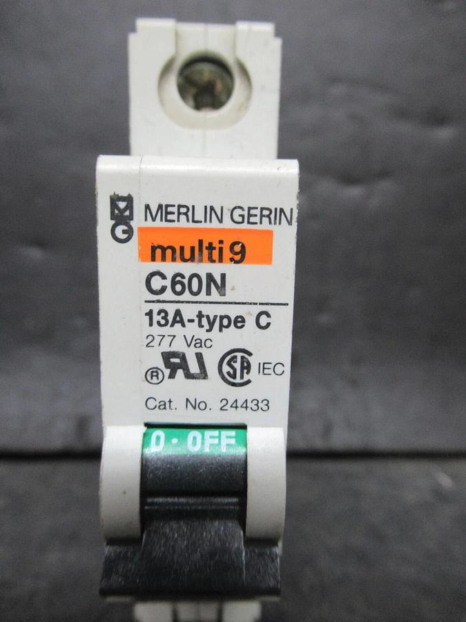Used MERLIN GERIN SINGLE POLE BREAKER 24433 MULTI 9 C60N 13A-TYPE C 277 VAC