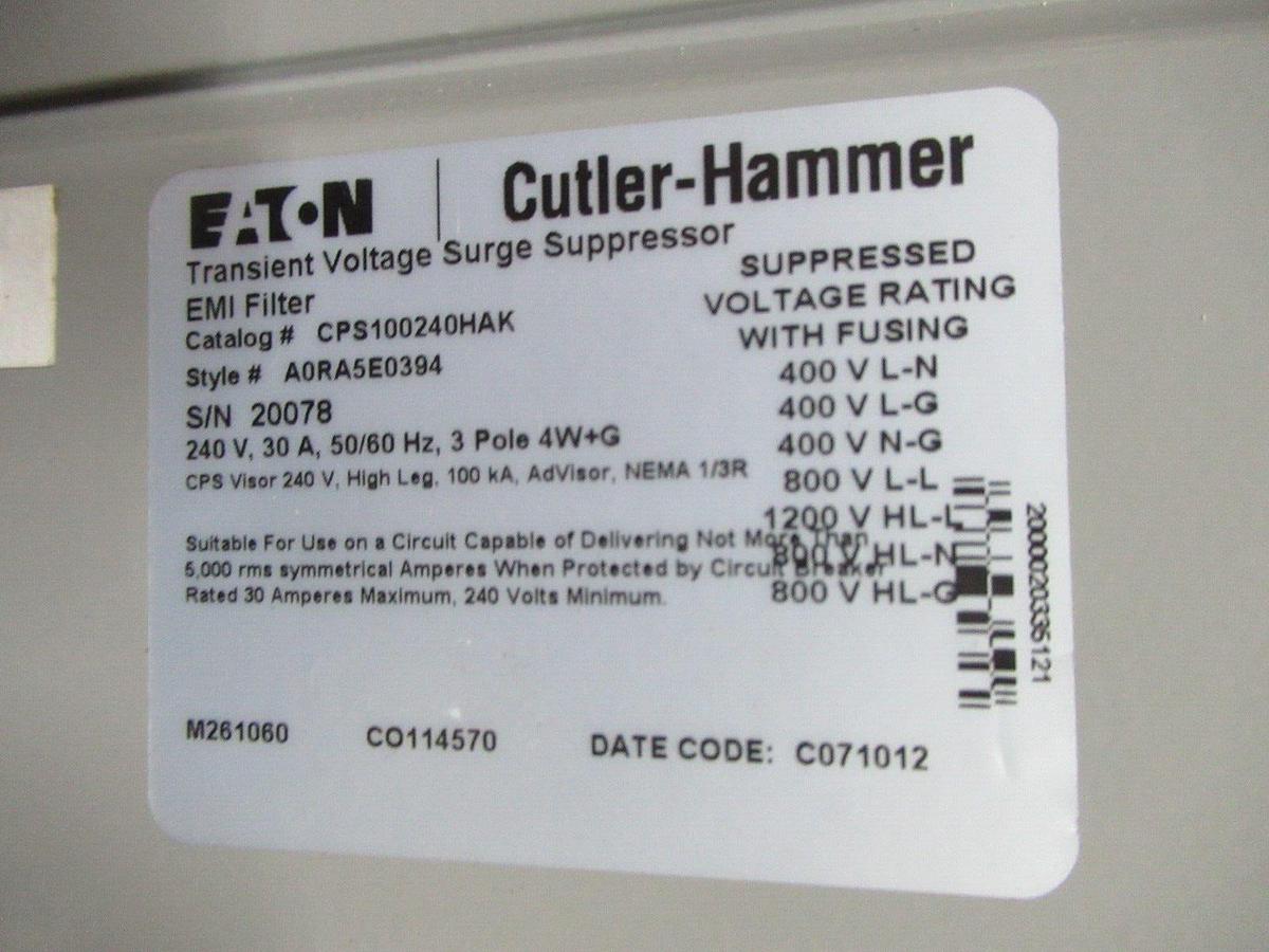 Used EATON TRANSIENT VOLTAGE SURGE SUPPRESSOR CPS100240HAK 100 KA 240 V 30 AMP