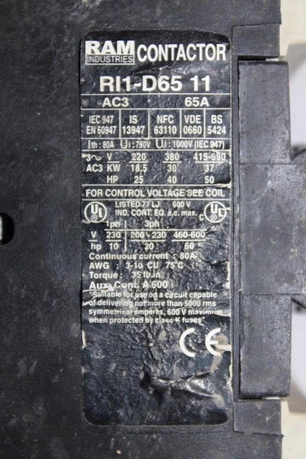 Used RAM INDUSTRIES CONTACTOR RL1-D65-11 600 VAC 80 AMP 3-PHASE *WARRANTY*