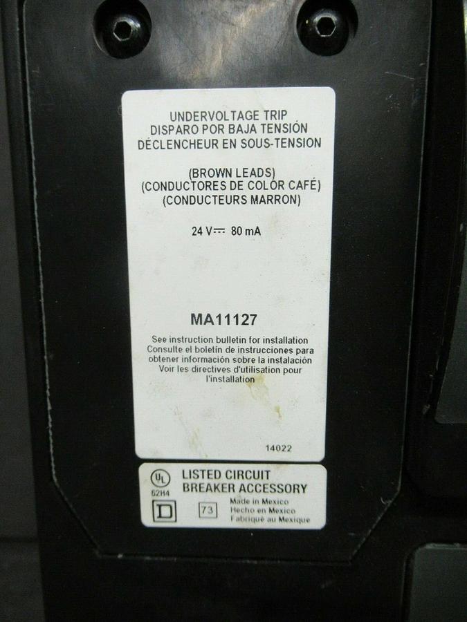 Used SQUARE D DC CIRCUIT BREAKER MHL3650032DC1625 500 AMP 600 VDC W/ UVR & AUX SWITCH