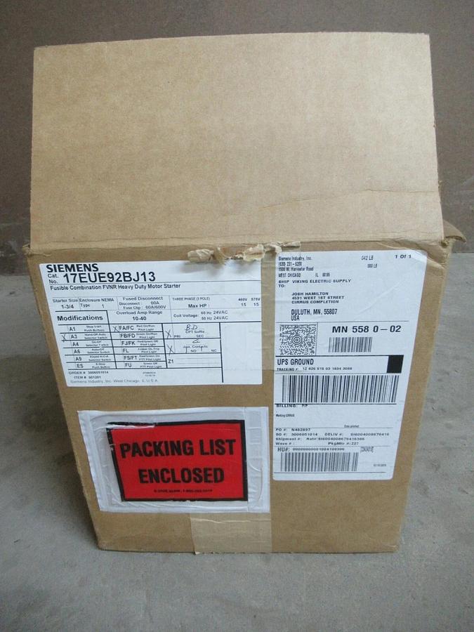 NEW SURPLUS SIEMENS COMBINATION STARTER 17EUE92BJ13 SIZE: 1 3/4 40 AMP 15 HP