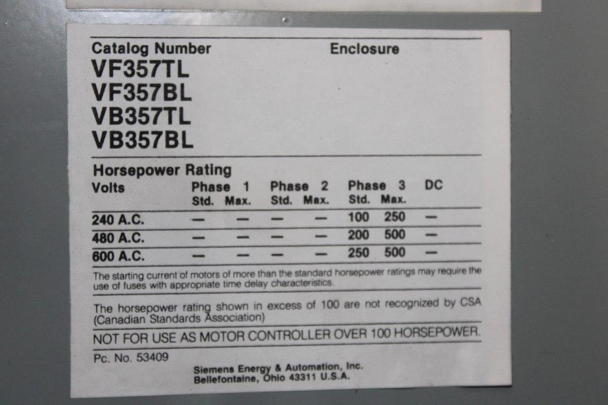 Used SIEMENS VACU-BREAK PANELBOARD DISCONNECT SWITCH VF357BL 800 AMP 600 VAC 3-PHASE