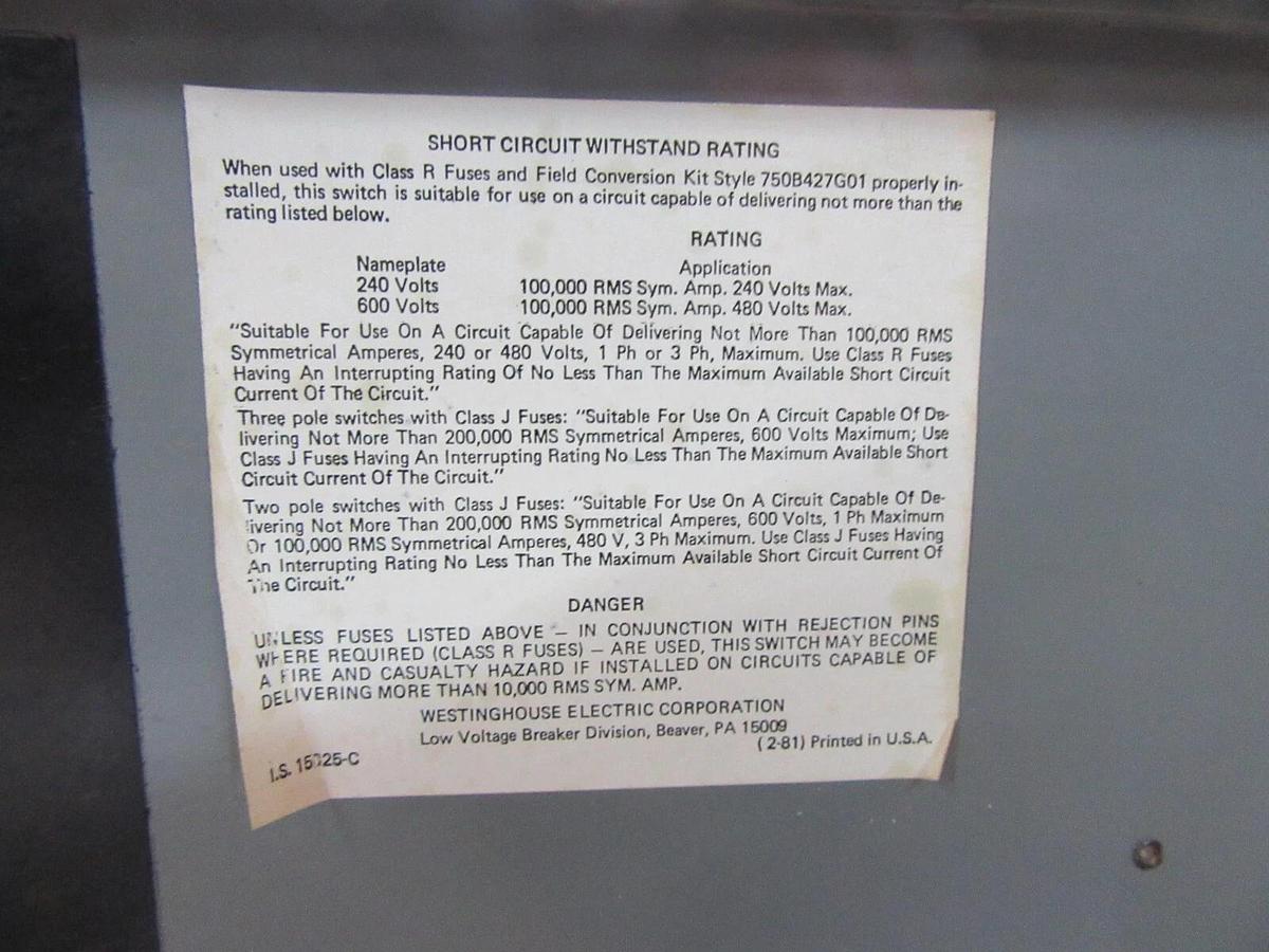 Used WETINGHOUSE FUSE PANELBOARD SWITCH FDP-365R 400 AMP 600 VAC 350 HP 3-POLE