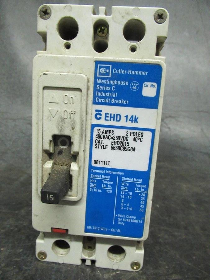 Used CUTLER-HAMMER BREAKER EHD2015 15A 2-POLE 250VDC 480VAC *WARRANTY*