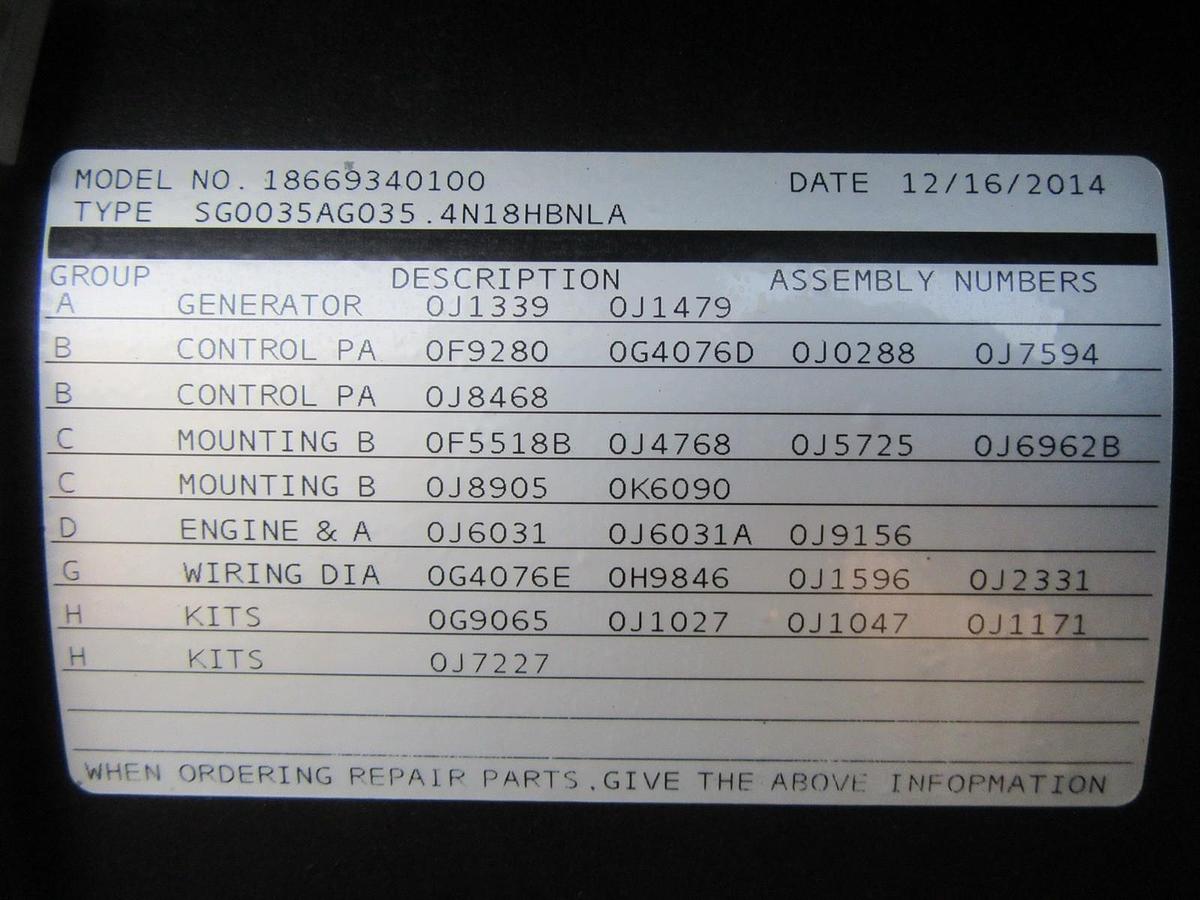 Used 35 KW GENERATOR GENERAC NATURAL GAS LP PROPANE 120/240 V 1 PH 30 KW 40KW 150 HRS
