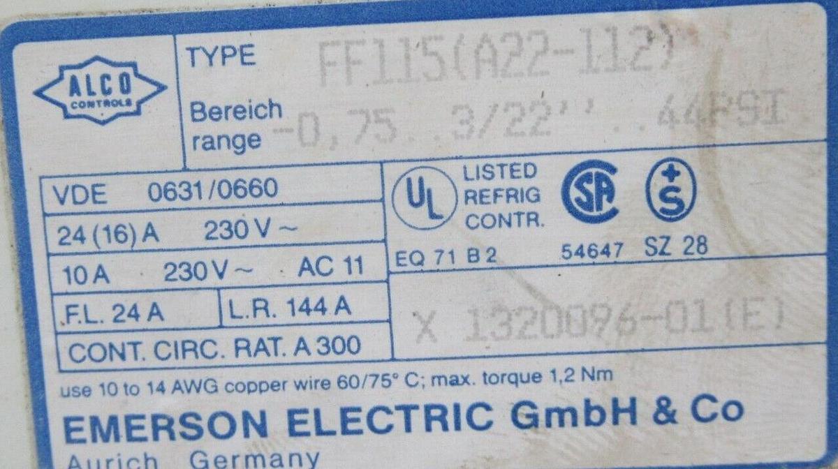 Used ALCO LOW PRESSURE CONTROL FF115 (A22-112) 10 AMP 240 VAC 44 PSI **WARRANTY**