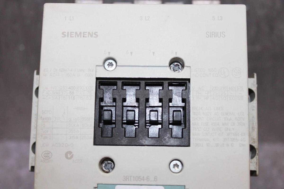 Used SIEMENS SIRIUS CONTACTOR 3RT1054-6...6 600 VAC 140 AMP 125 HP 3-POLE 3-PHASE