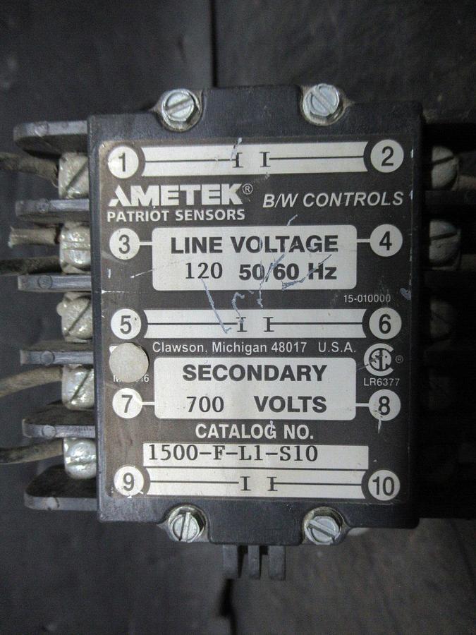Used AMETEK B/W CONTROLS PATRIOT SENSORS 1500-F-L1-S10 LIQUID LEVEL CONTROL RELAY