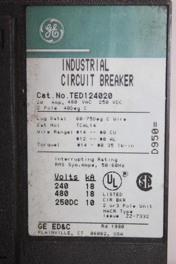 Used GENERAL ELECTRIC CIRCUIT BREAKER TED124020 20 AMP 480 VAC 2-POLE *WARRANTY*