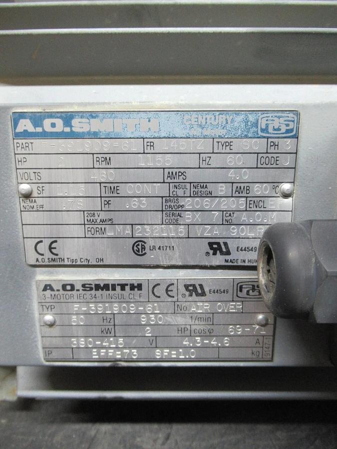 Used A.O. SMITH CENTURY AC MOTOR F-391909-61 3-PHASE 2 HP 460V 4A 1.15 SF 1155 RPM