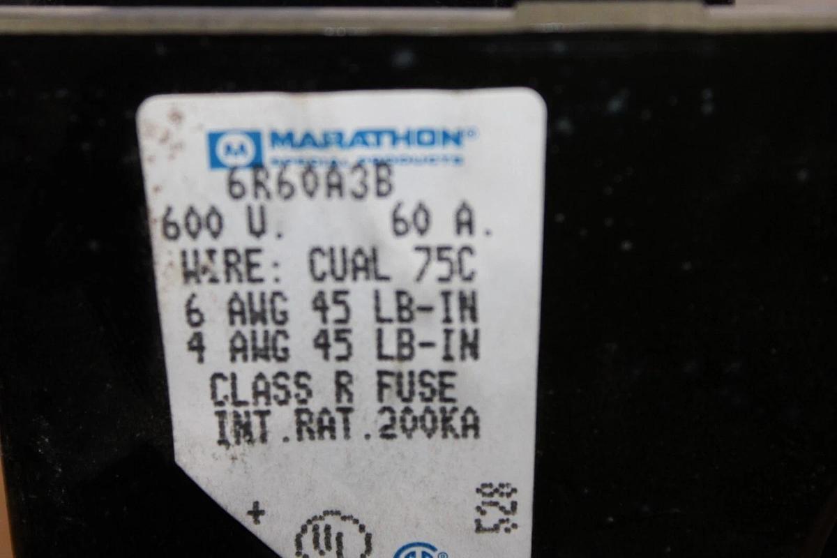 Used MARATHON FUSE LUG SET 6R60A3B 600 VOLT 60 AMP 3-POLE 3-PHASE **WARRANTY**