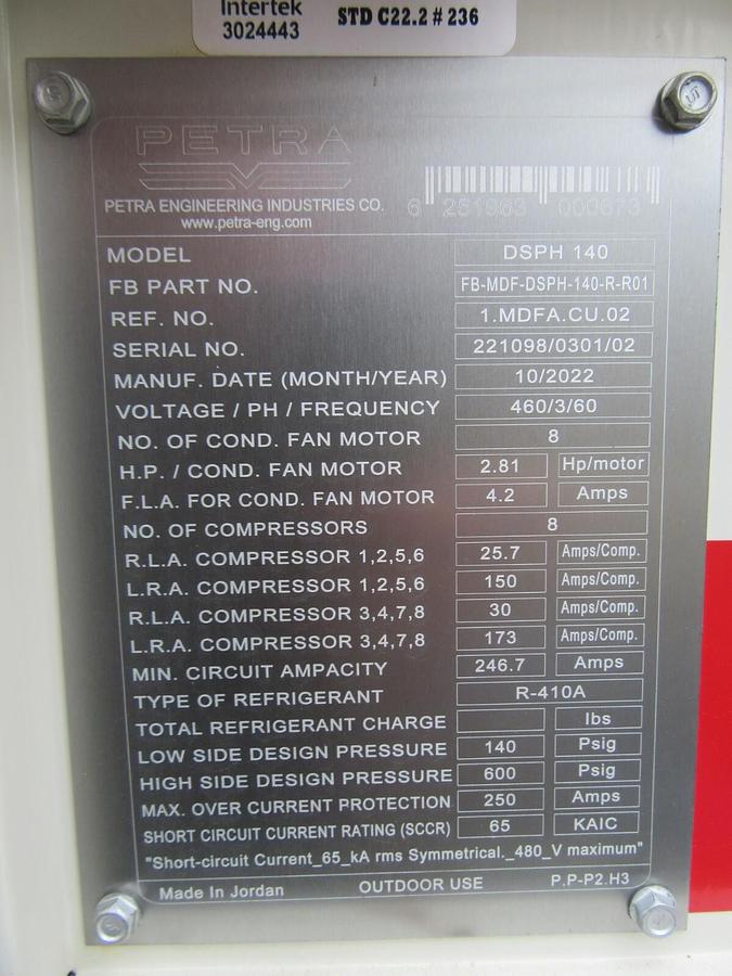 Used NEW PETRA ENGINEERING 140 TON CONDENSING UNITS DSPH140 460 VOLT CHILLER