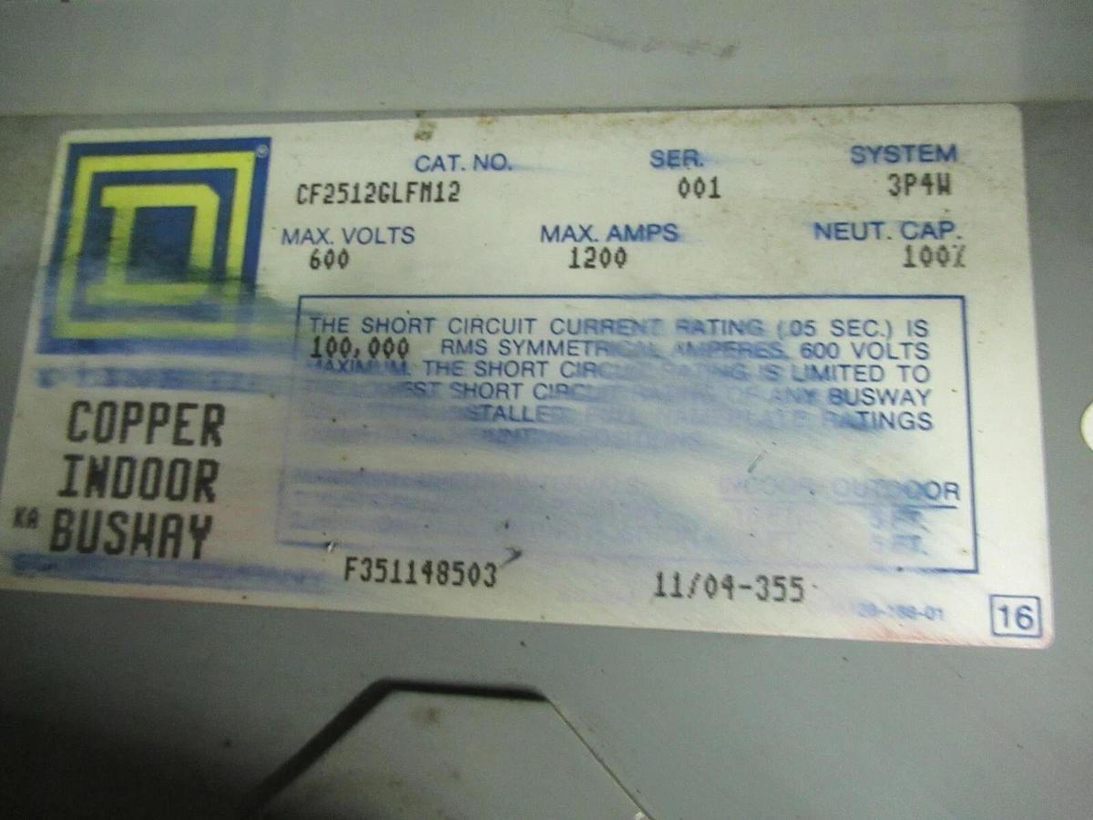 Used 1200 AMP SQUARE D CF2512GLFM12 3 PH 4 W 600 V BUSWAY ELBOW CORNER COPPER I-LINE