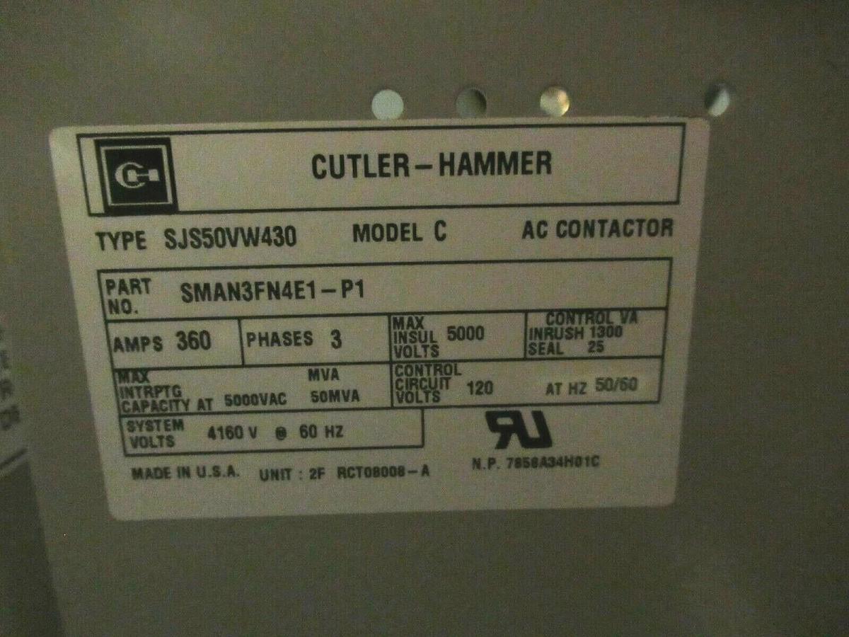 Used CUTLER HAMMER SMAN3FN4E1-P1 / SJS50VW430 MODEL C CONTACTOR 360 AMP 4160 VOLTS