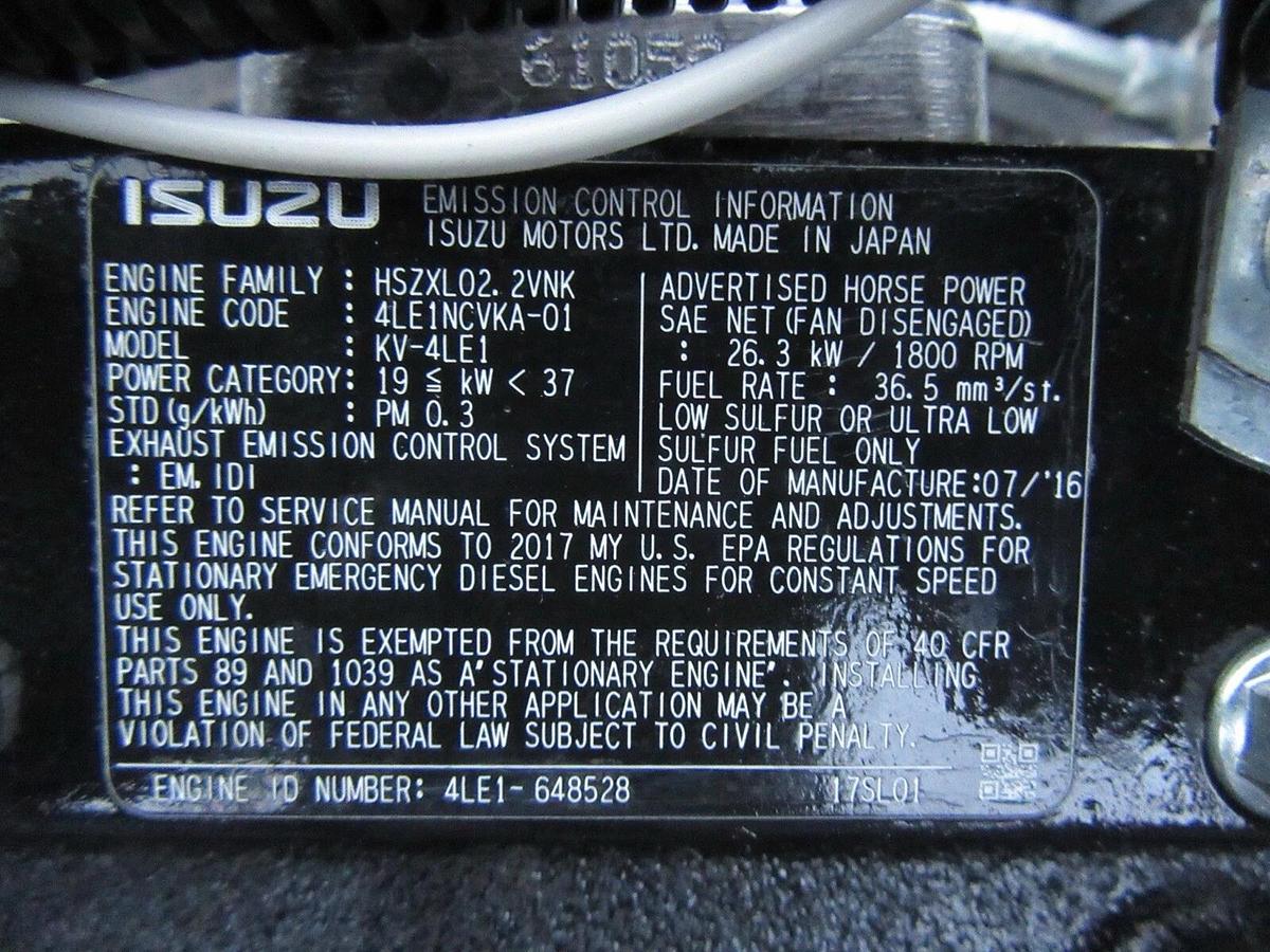 Used 20 KW DIESEL GENERATOR ISUZU MTU 2016 115 HRS 120/240 VOLT 1 PH SOUND ENCLOSED