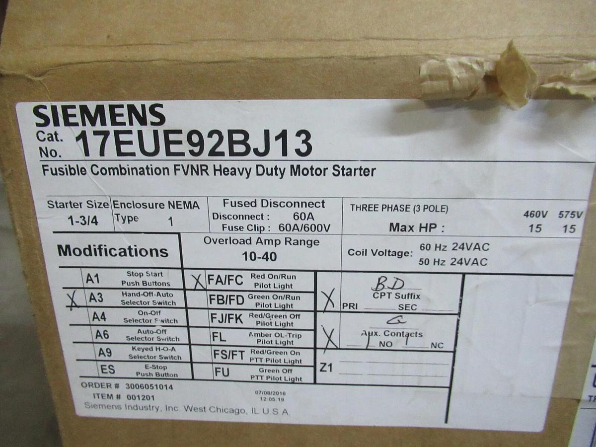 NEW SURPLUS SIEMENS COMBINATION STARTER 17EUE92BJ13 SIZE: 1 3/4 40 AMP 15 HP