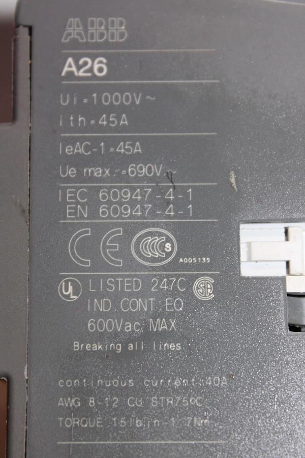 Used ABB CONTACTOR A26-22-00 45 AMP 600 VAC 3-POLE 3-PHASE COIL: 24V *WARRANTY*