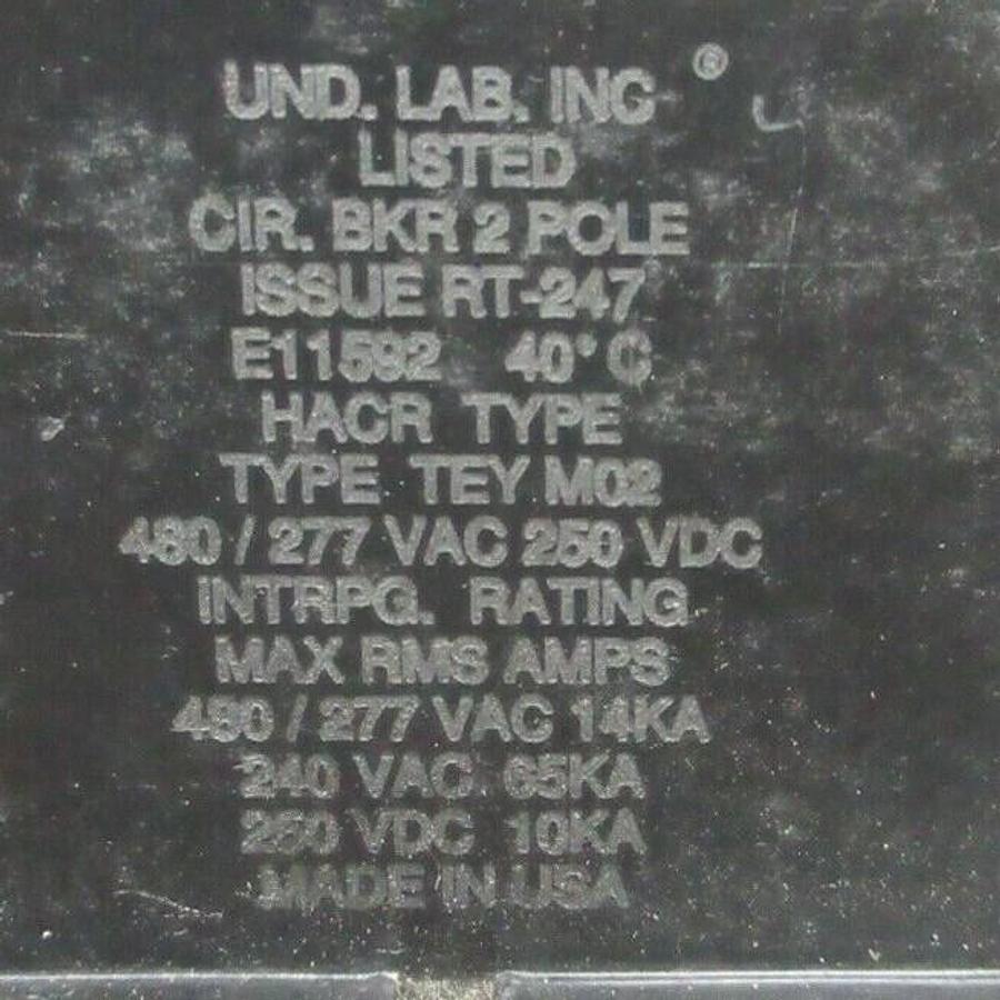Used GE CIRCUIT BREAKER E11592 HACR-TEY-M02 ISSUE: RT-247 277-480 VAC 20 AMP 2-POLE