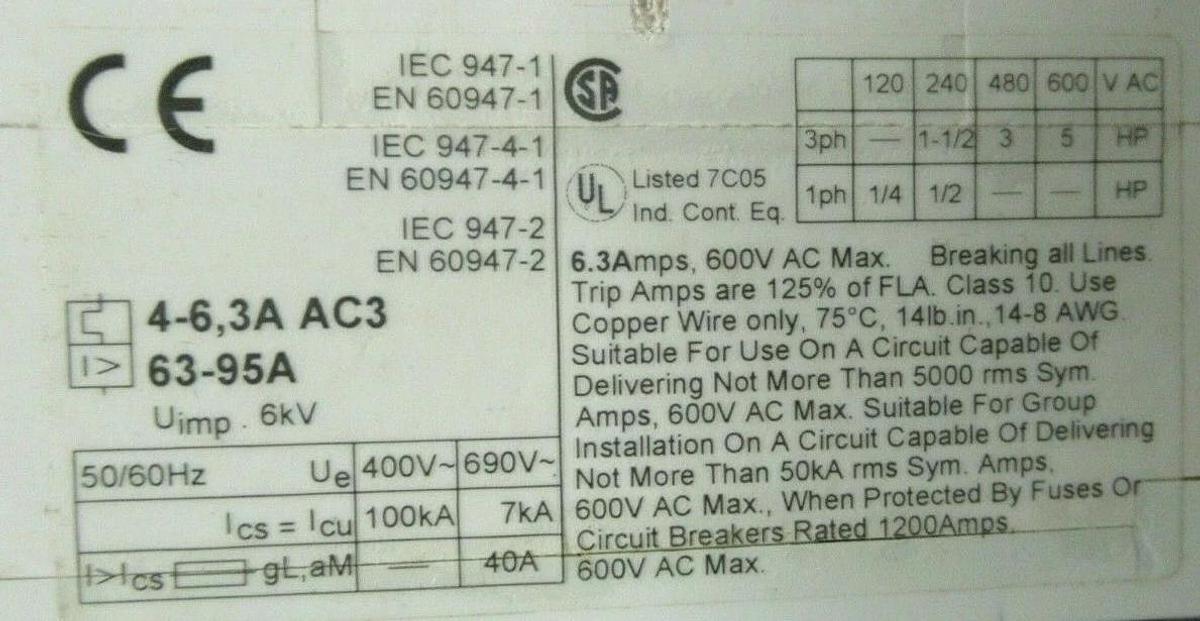 Used ABB MANUAL MOTOR START MS325 3 - 5 HP @ 480 V 4 - 6.3 AMP 600 VAC W/ AUXILIARY