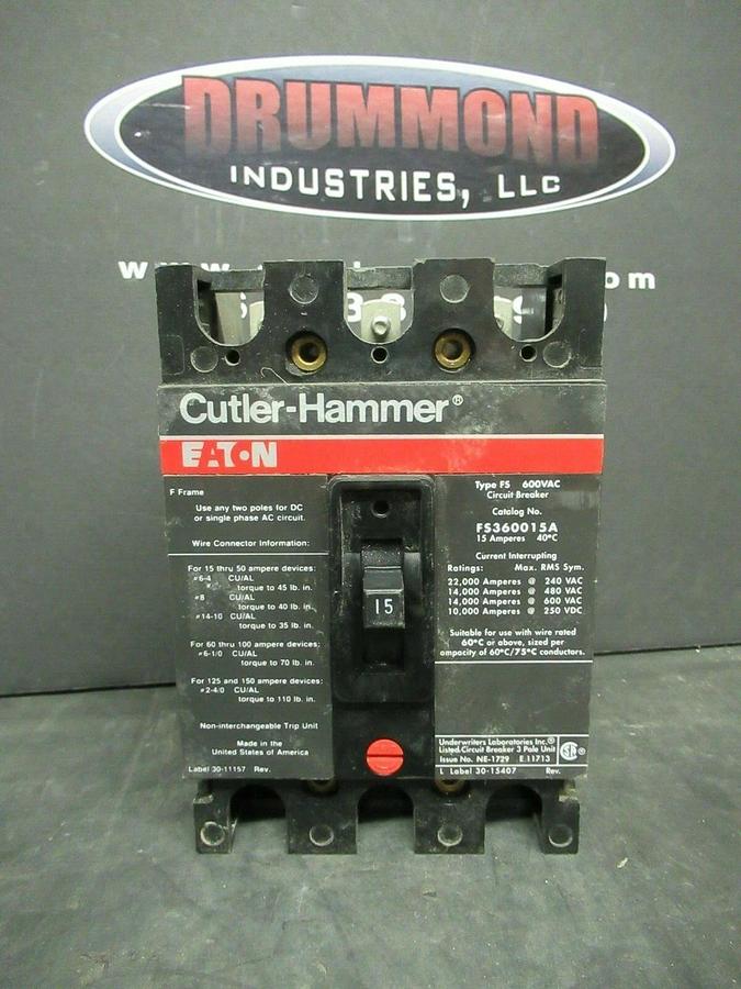 Used 15 AMP CUTLER HAMMER BREAKER FS360015A 600 VAC 3 POLE