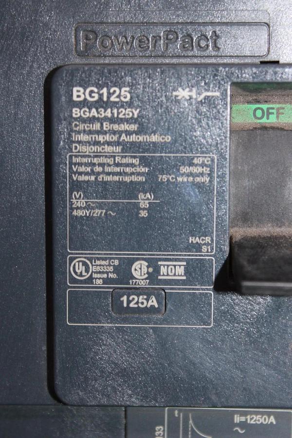 Used SQUARE D POWERPACT I-LINE CIRCUIT BREAKER BGA34125Y 480/277V 125A 3-POLE