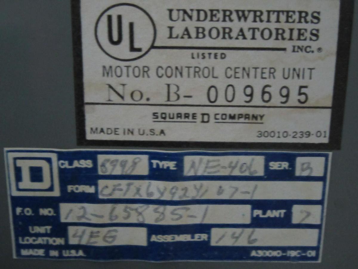 Used SQUARE D MCC FUSIBLE STARTER BUCKET 18" MODEL: 4 NEMA 3 W/8536-SEO1