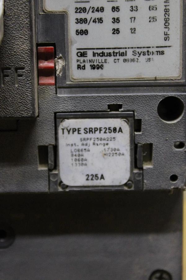 Used GE HI-BREAK CIRCUIT BREAKER SFHA36AT0250 225 AMP TRIP 600 VAC 3-POLE