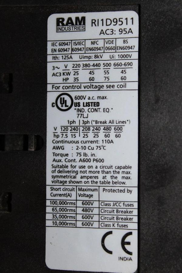 Used RAM INDUSTRIES CONTACTOR RI1D9511 110 AMP 600 VAC 3-POLE COIL: 120 VOLT 60 HP