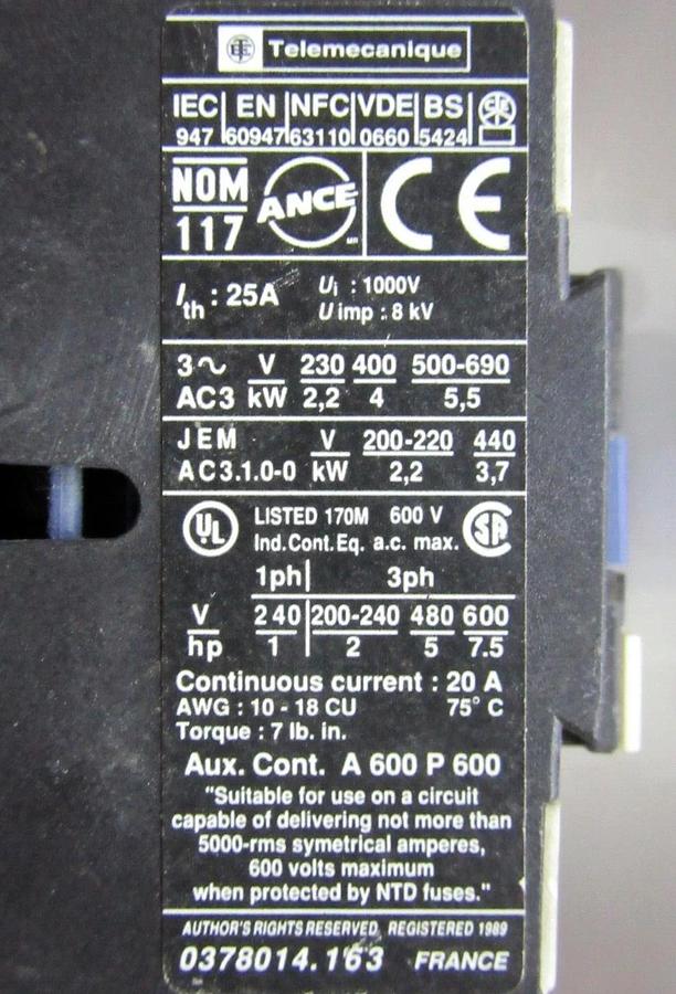 Used TELEMICANIQUE CONTACTOR LC1-D09-12 600 VOLT 20 AMP 7.5 HP COIL: 24 VOLT