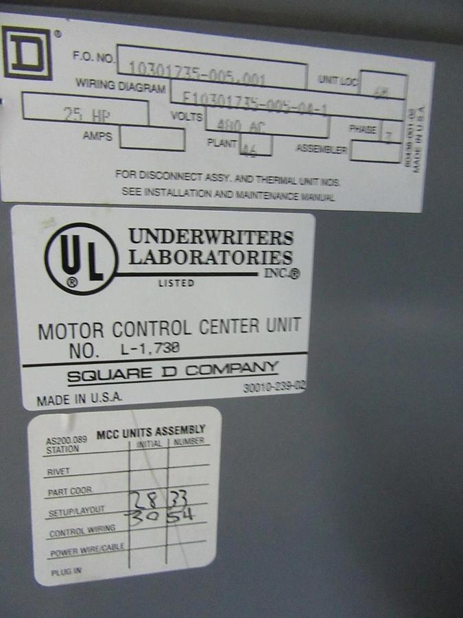 Used SQUARE D MODEL 5 18" NEMA SIZE 2 MCC BUCKET HU100-3CM5 W/ 8536SD01 **WARRANTY**