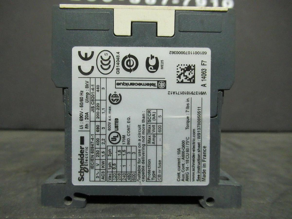 Used SCHNEIDER ELECTRIC MINI CONTACTOR LC1K0601F7 10 AMP 600 VAC 3 HP **WARRANTY**