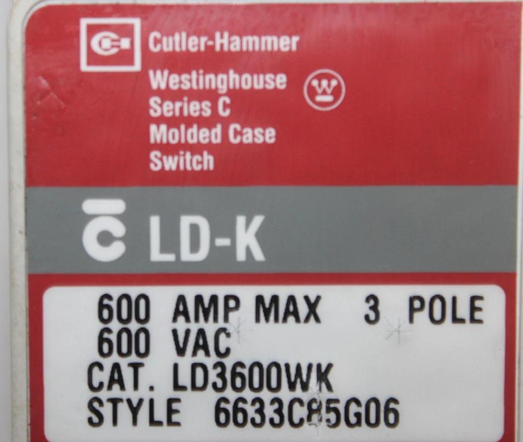 Used CUTLER-HAMMER MOLDED CASE SWITCH LD3600WK 3-POLE 600 AMP 600 VAC LD-K