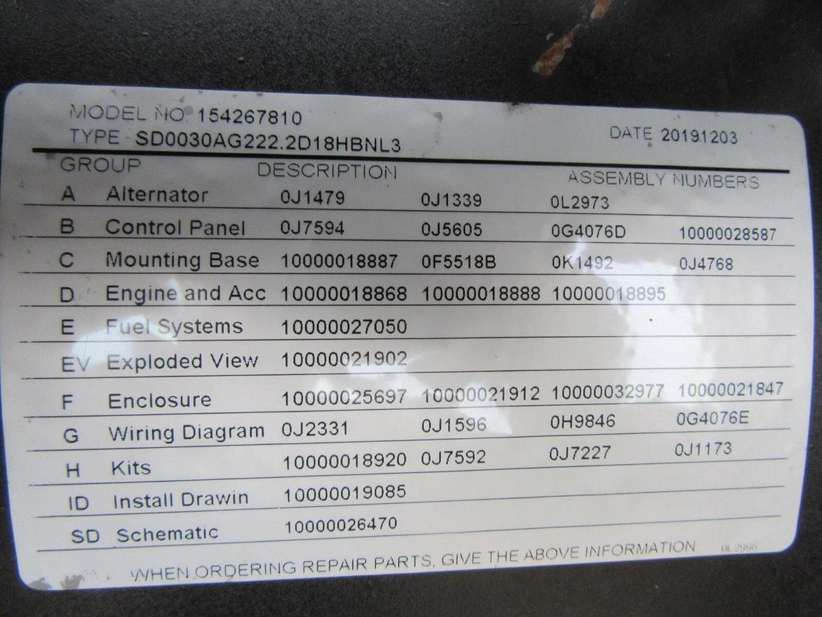 Used 2020 30KW DIESEL GENERATOR GENERAC 120/240 VOLT SINGLE PHASE 75 HR PERKINS 30 KW