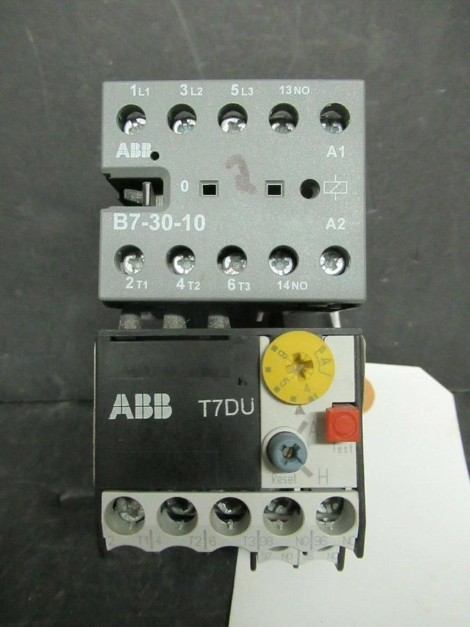 Used 16 AMP ABB STARTER B7-30-10 600 VAC 5 HP COIL: 24 VAC W/ T7DU OVERLOADS 4-6 AMP